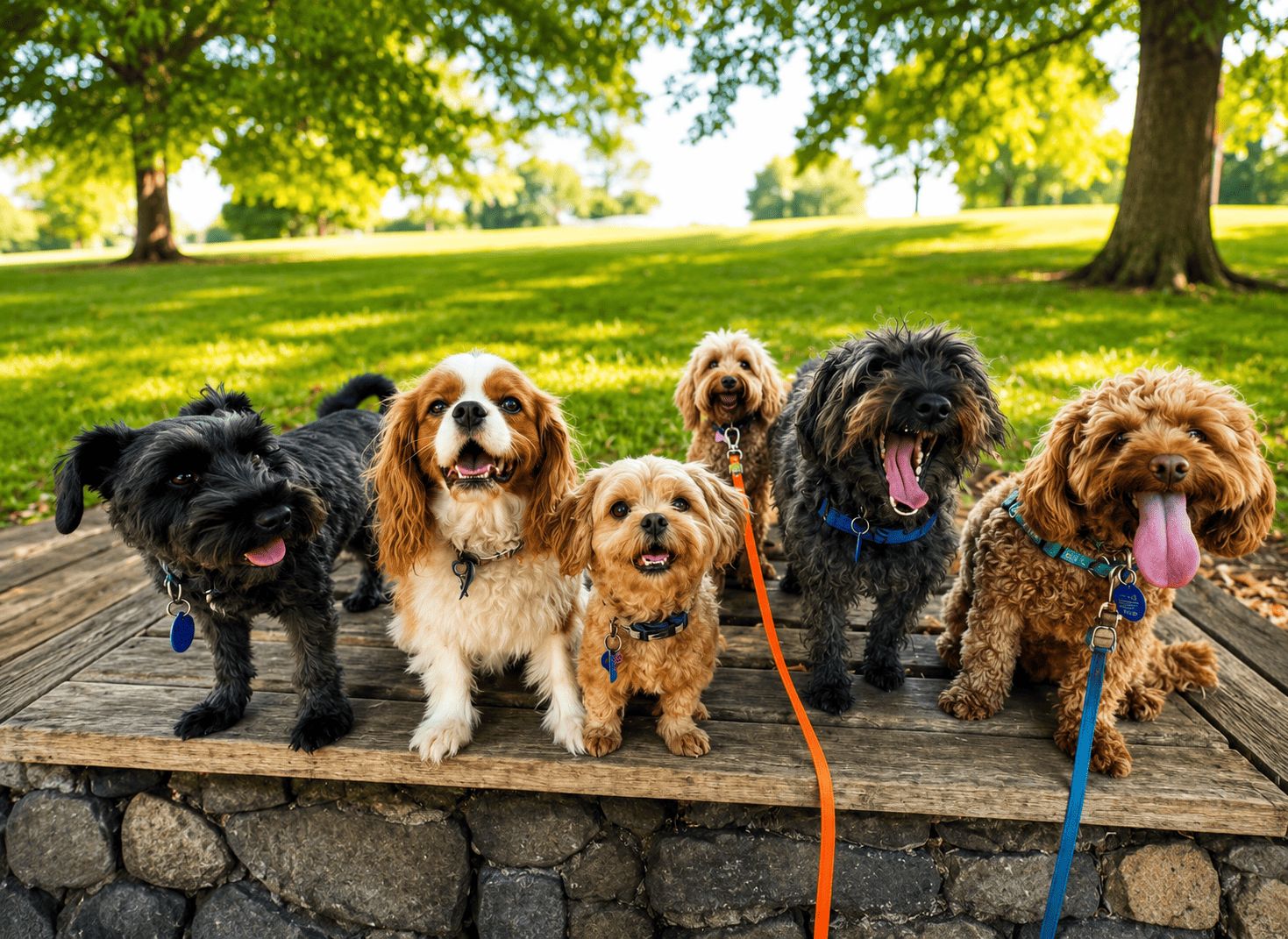 Small dogs from Goodwalk's Tiny Gang pack walk sitting together in an Auckland park
