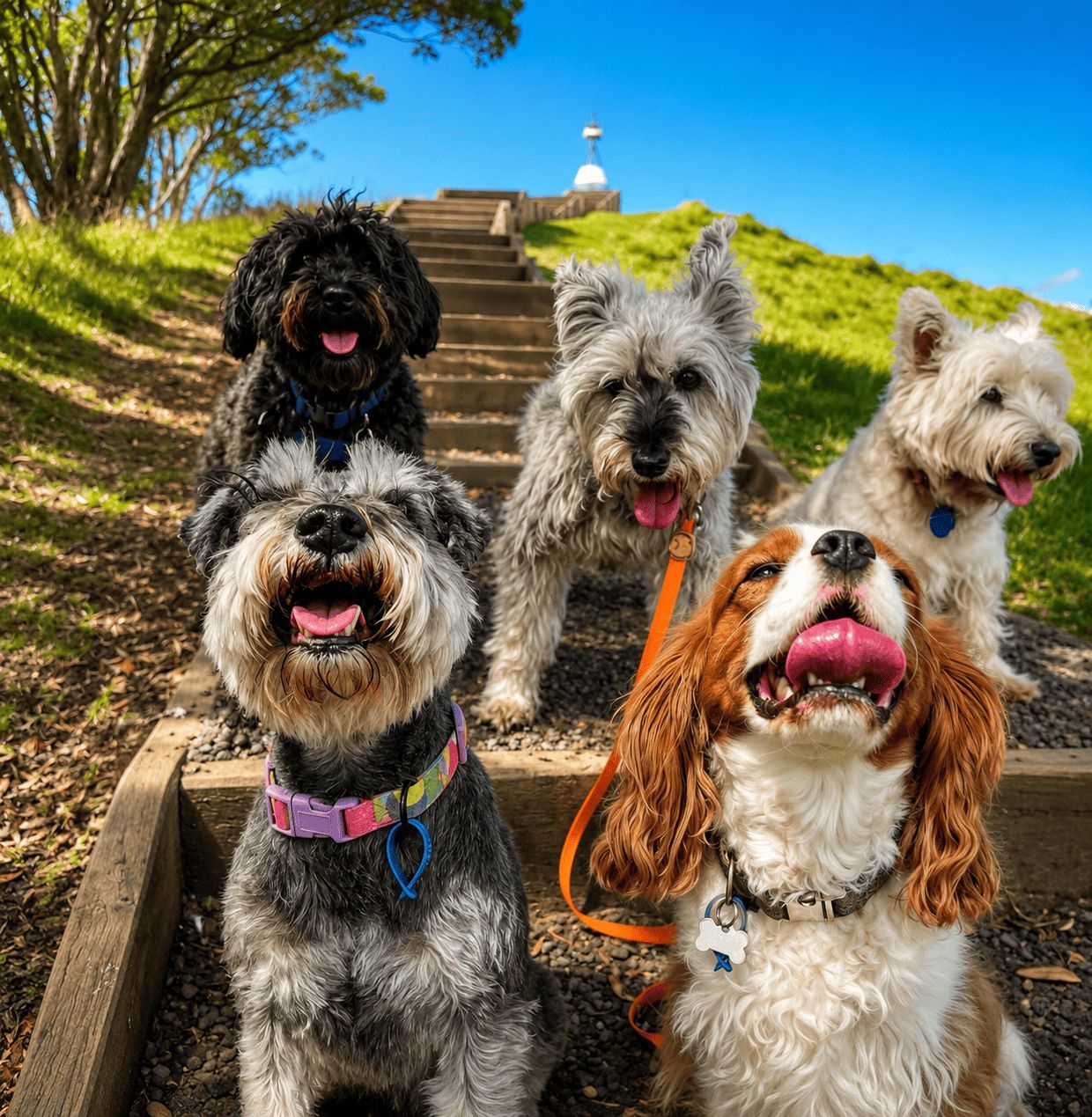 Small and medium dogs together on a Goodwalk pack walk in Auckland