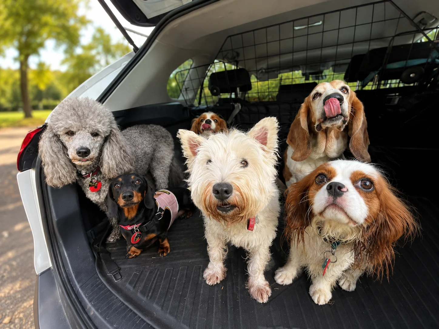 Goodwalk dogs gathered together in the back of the car before a walk