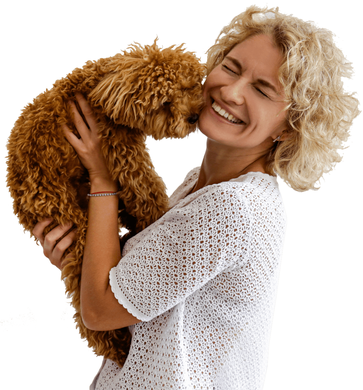 Woman cuddling a dog for Goodwalk Auckland dog walking services