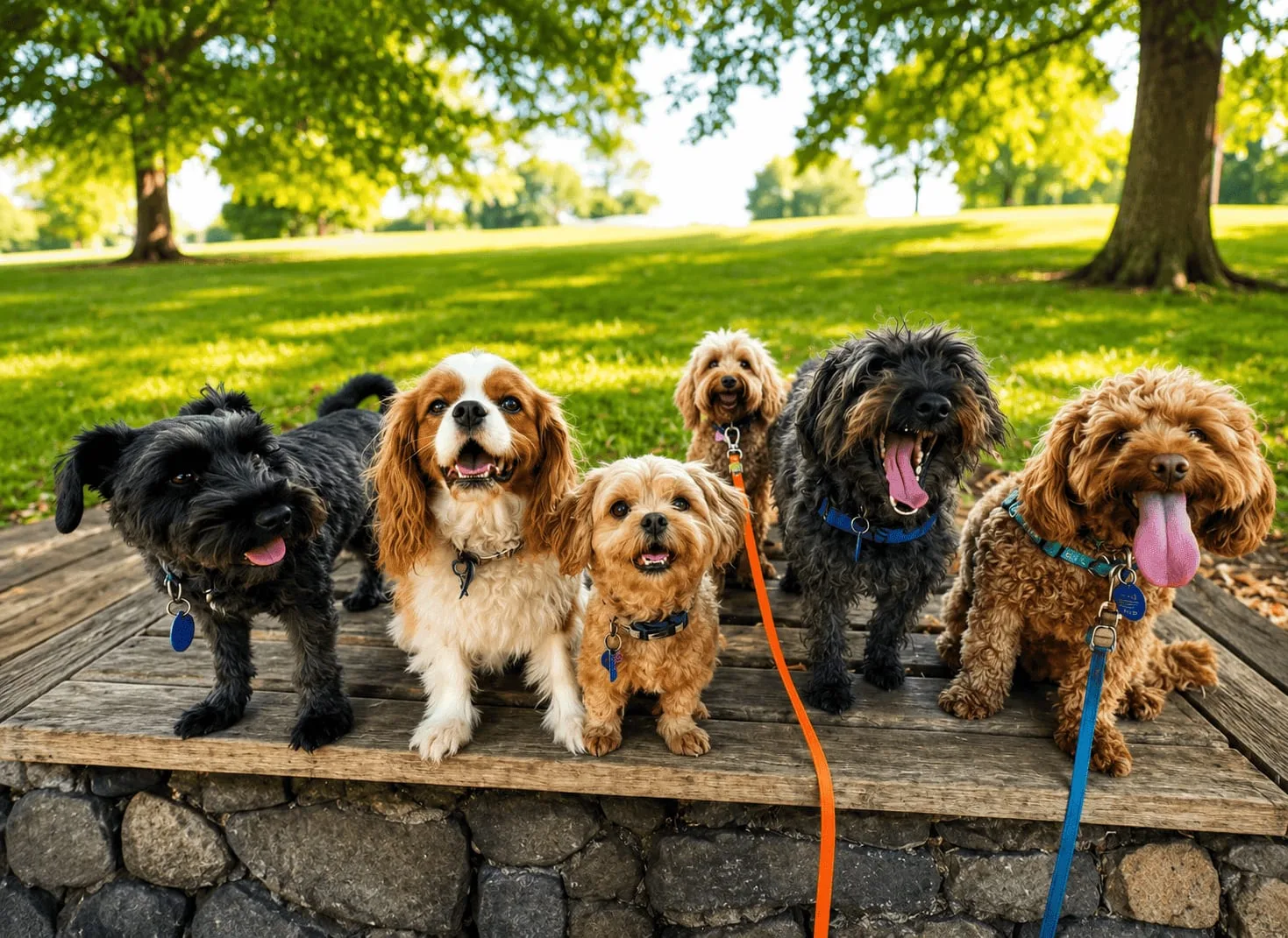 Small dogs together on a Tiny Gang pack walk