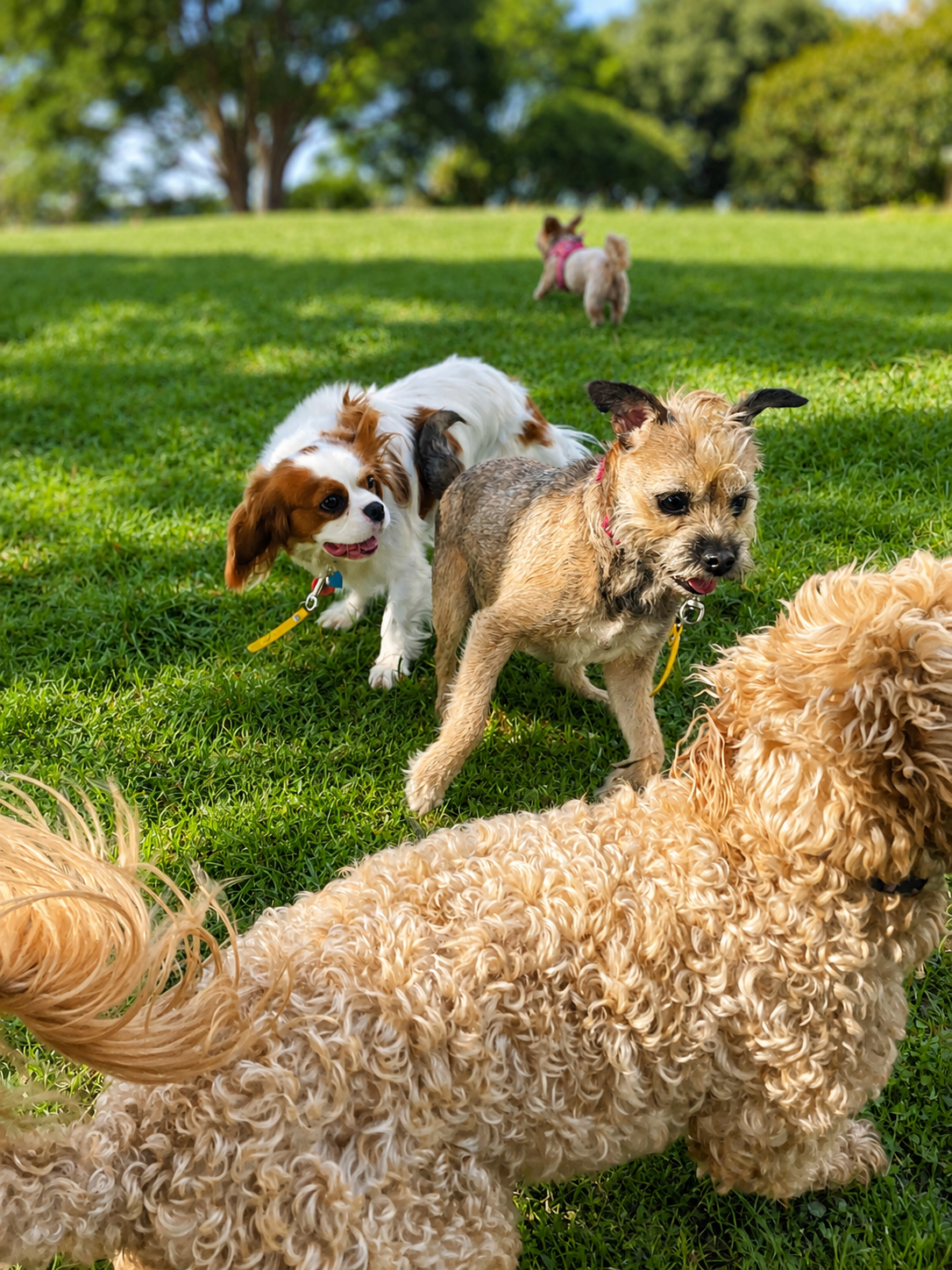 Goodwalk Tiny Gang dogs together on a walk in Auckland
